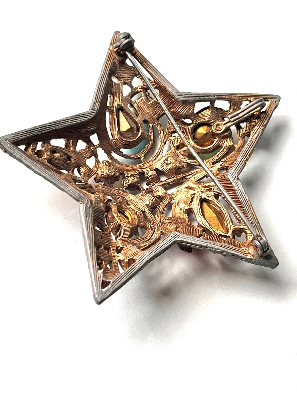 La Roco Star Brooch Pin Rainbow Jewel Gold Tone Rhinestones 1950s 2.5